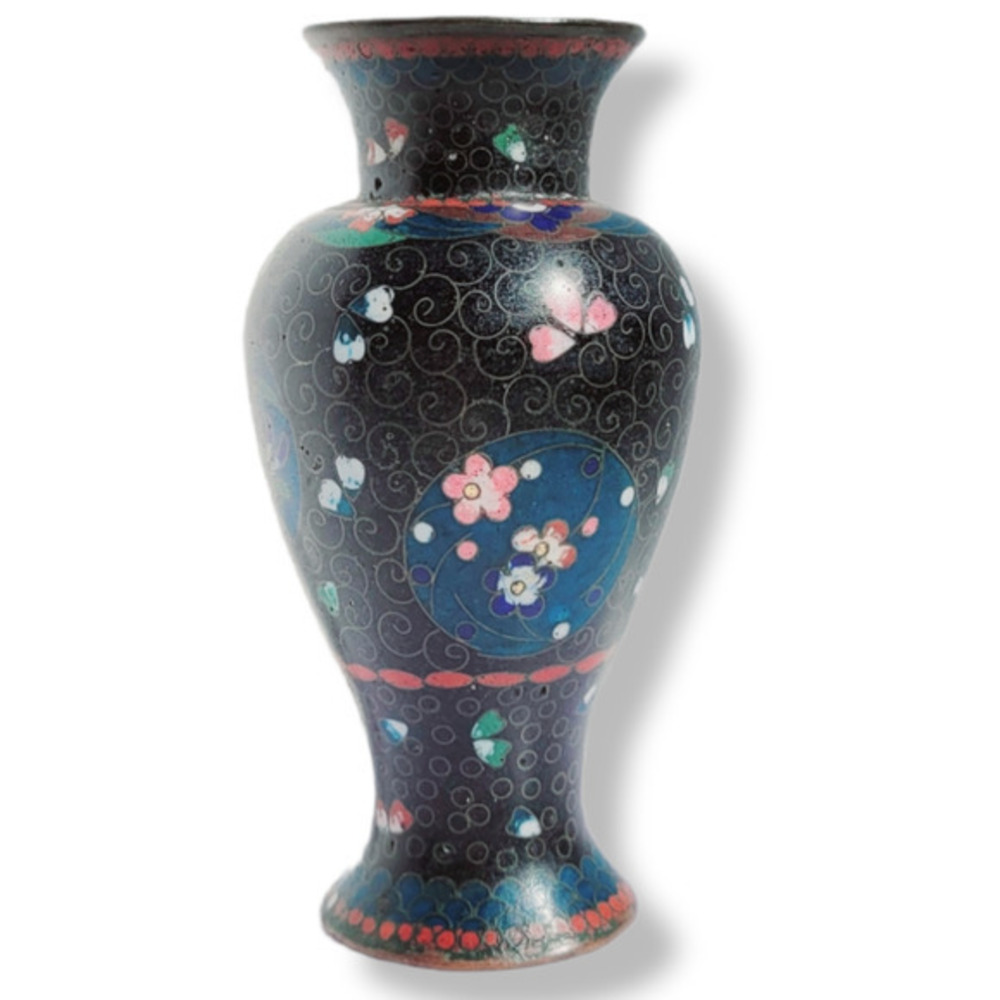 Vintage Chinese Black Pink Floral Green inside Enamel‎ Cloisonné Vase